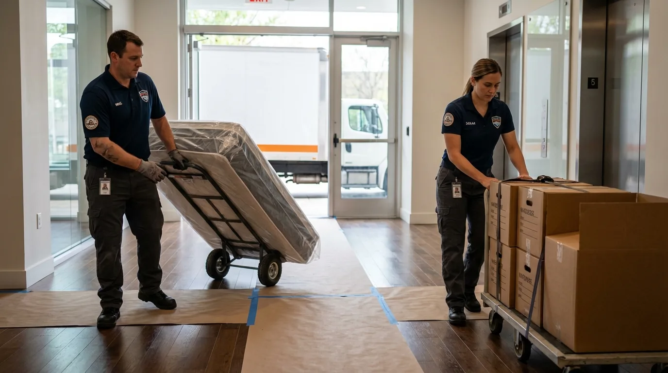 Professional apartment movers loading elevator in Bella Vista, AR