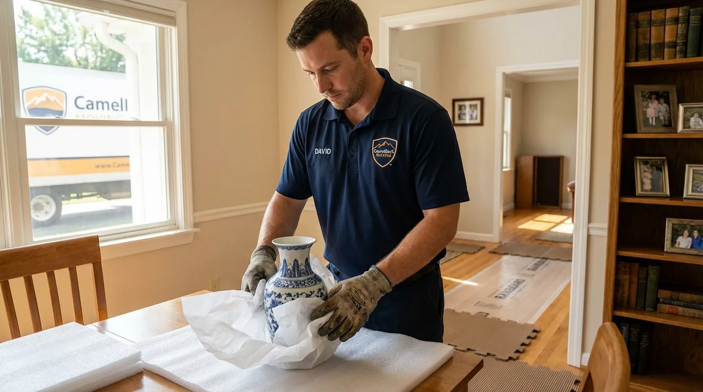 Professional crew carefully wrapping antique vase for senior downsizing move in Bella Vista, AR